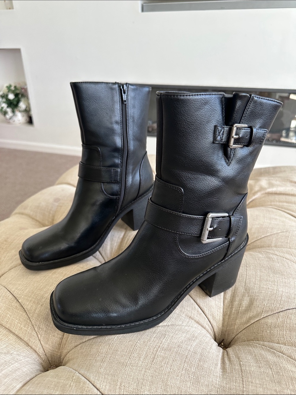 BareTraps Black Leather Mid-Calf Buckle Heeled Boots